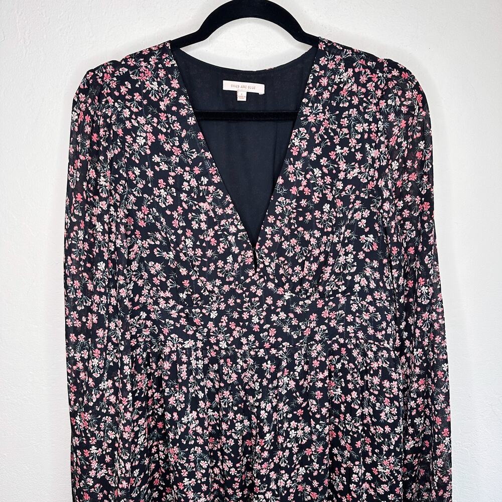 Skies Are Blue Black Floral Long Puff Sleeve Low Cut Button Front Midi Dress Lg - Picture 3 of 13